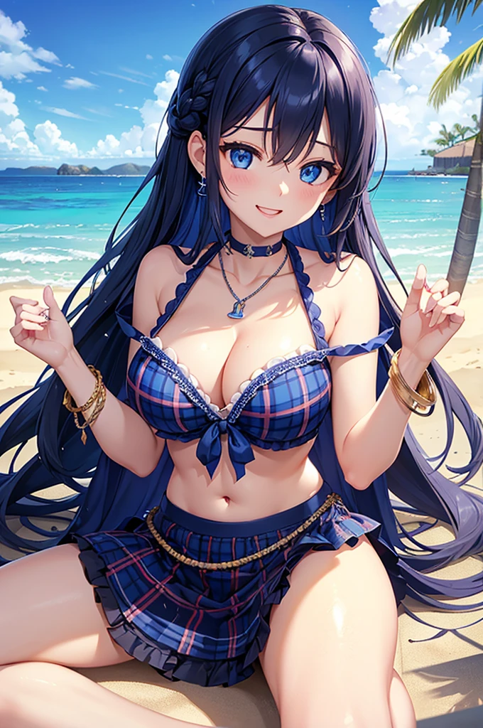 Highest quality、Highest quality、masterpiece、(8K),beauty(Age 25)、Navy blue long hair(Braiding of the sides)、blue eyes、Sexy Bikini(Plaid)、Big cleavage、(Big Breasts)、smile、blue necklace、Blue Earrings、background(Beach)、Please open your mouth wide、bracelet、Arch Pose、Blue choker