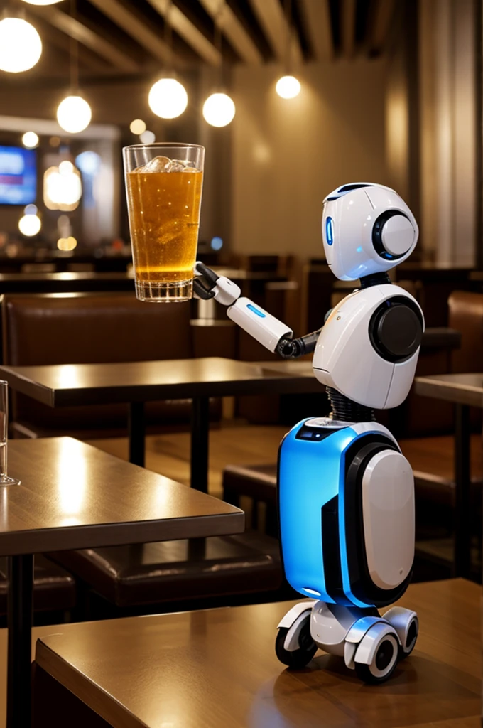 Small-sized robot less than a meter long delivers a drink in a restaurant