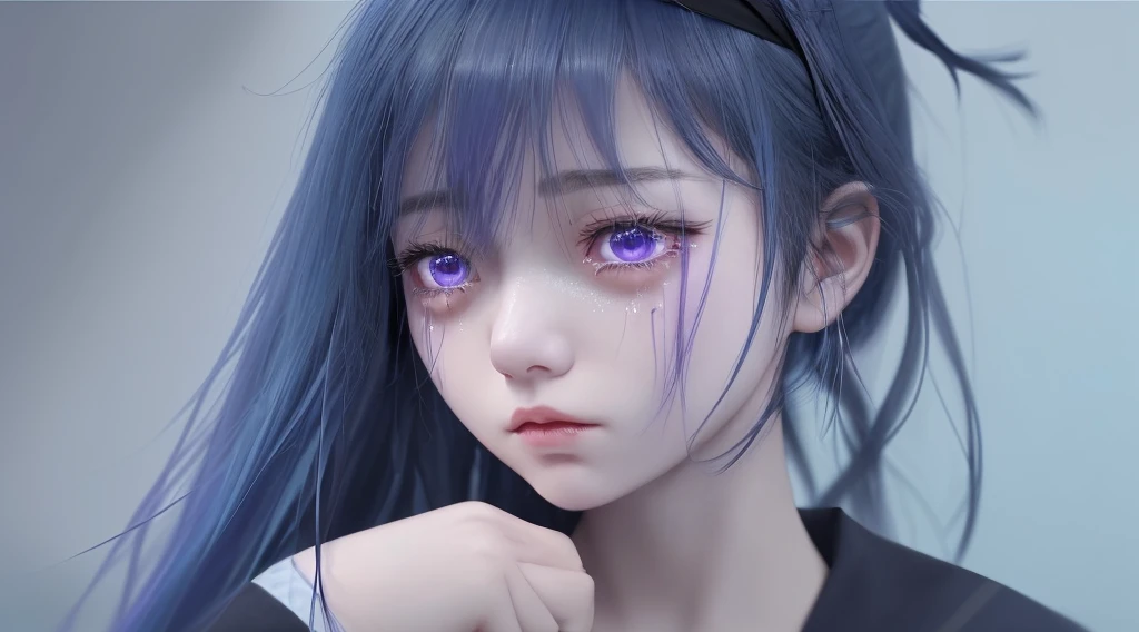 Tears are running down her cheeks、Not tying hair、Black hair band、Light blue and purple hair、Girl、Dark navy blue clothing that exposes the shoulders、Tears flowing、Facing the top right、I&#39;m asking for grace with both hands、Landscape、Whimpering、sad look