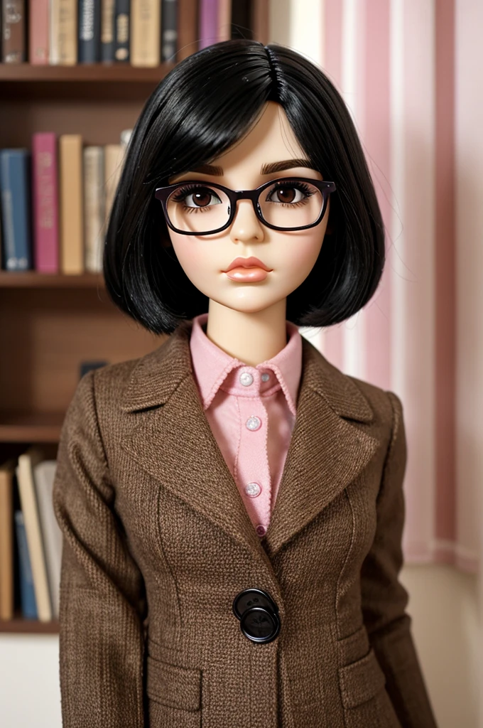 blythe doll blythe doll with short straight black hair without bangs, Brown eyes, dark purple glasses, pink pompous lips, reddish cheeks and tender, que esté mirando un libro y mas importante Blythe Doll, don't have any hair on your face, Blythe Doll