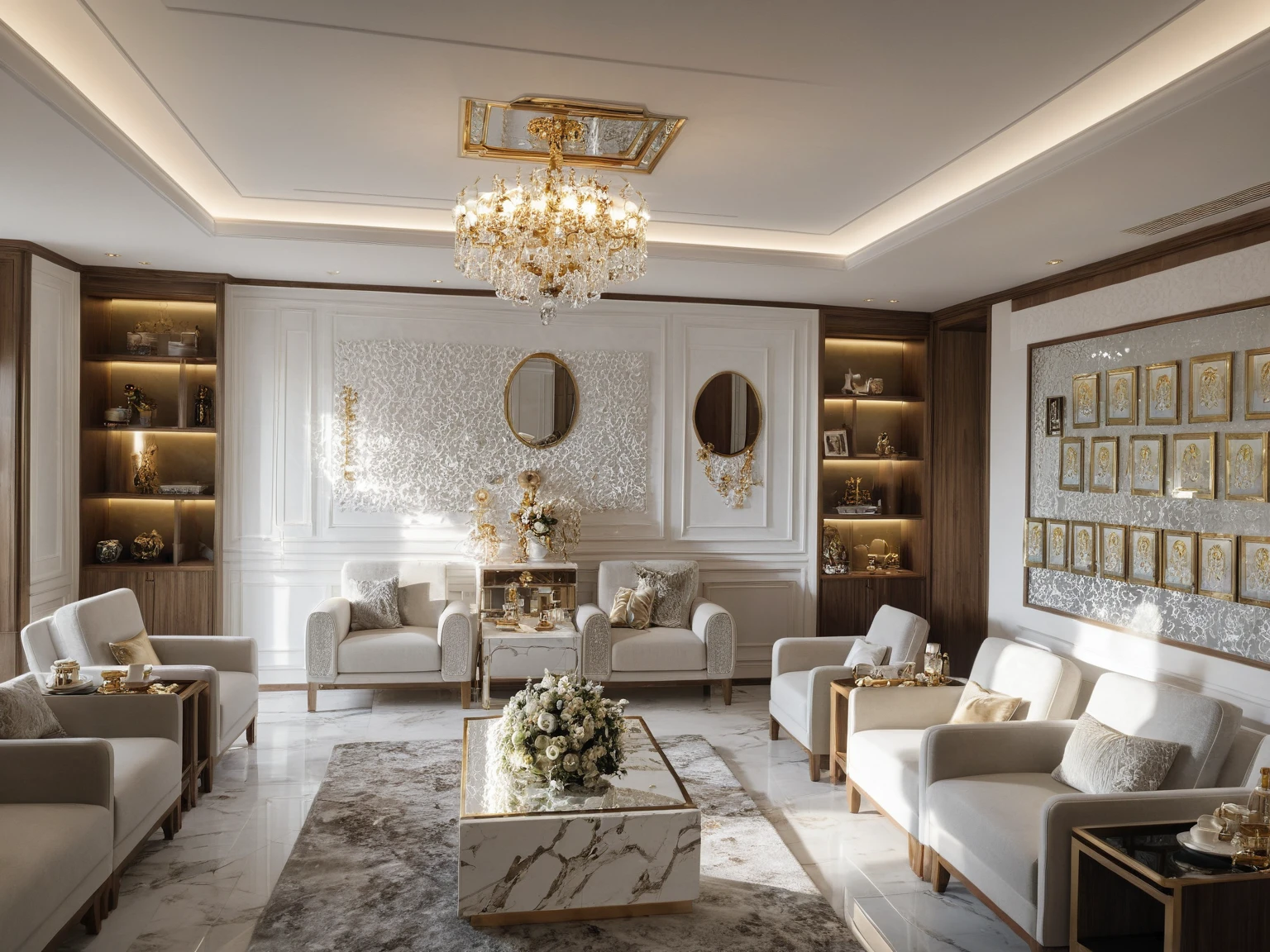 ,Masterpiece, Best quality,8K, Ultra-high resolution,When you step into the (( living room :1.3 )) ,Immediately surrounded by a rich atmosphere of luxury. The space  was covered with a soft white fluffy blanket,It is so comfortable,So much so that you can't help but indulge in it。Embellished with precious porcelain and white-off gold ornaments。Whenever it is late afternoon,The afterglow from the window spilled on the floor,Soft light and shadow are reflected,It was as if entering a dreamland. ((Wooden chair and table : 1.3)), ((COLUMN MIRROR : 1.3))