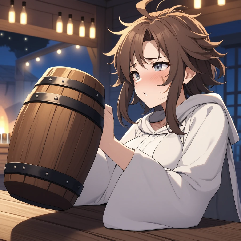 Adult Female, very short brown hair, grey eyes, scar on left cheek, drunk, white on white cleric robes, fantasy tavern, nighttime, mixed patrons, drinking from tankard, not looking, far away, apathetic, highly detailed, high quality, perfect anatomy, tired, messy hair