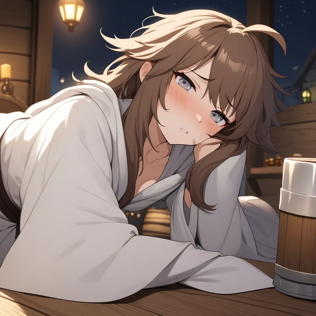 Adult Female, very short brown hair, grey eyes, scar on left cheek, drunk, white on white cleric robes, fantasy tavern, nighttime, mixed patrons, drinking from tankard, not looking, far away, apathetic, highly detailed, high quality, perfect anatomy, tired, messy hair