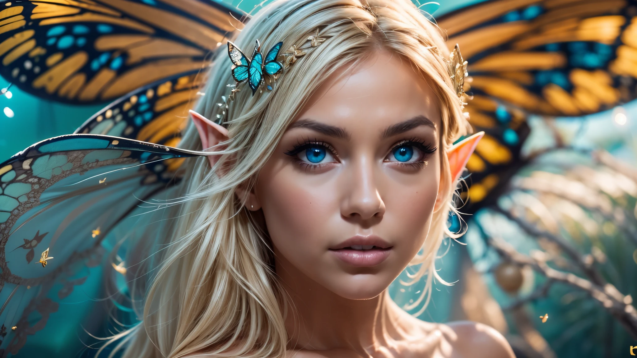 Beautiful, Amazing face and eyes, makeup, (extremely detailed beautiful face), Blonde, (sexiest look), (Beautiful breasts:1.3), (Best Quality:1.4), (Ultra-detailed), (extremely detailed CG unified 8k wallpaper), Highly detailed, RAW Photos, Professional Photography, (silk see through lace:1.3), full body, front view, one point perspective, sitting, (Spread your legs), (:1.4), plein air, Illumination, (Super fancy photos:1.4), (Dazzling light), Radiant Photography, depth of fields, (Glowing blue eyes), (realistic elf ear), (castle, fantasy setting), ((orbs)), massive butterfly wings, flowing butterfly wings, 