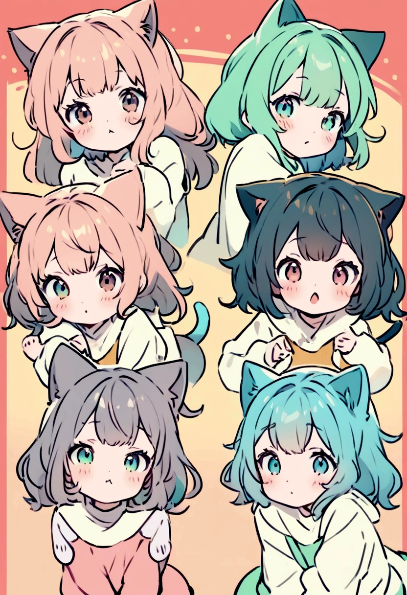 List of illustrations of cute cat poses, several side-by-side, cute colors and poses, best image quality