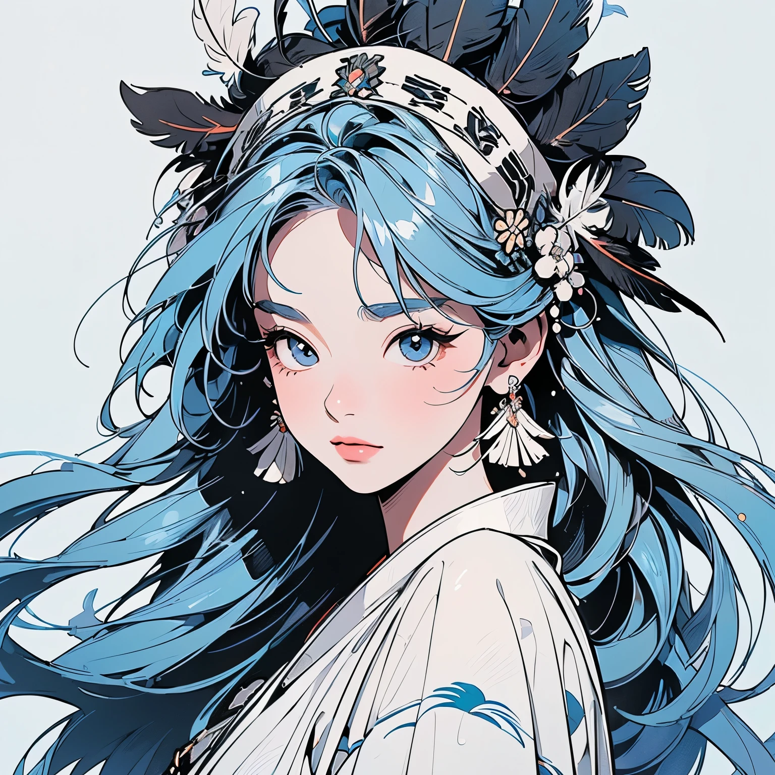kimono, Perfect kimono, ultra detailed kimono, first-class, ultra detailed,(((ultra detailed ornament))),One Woman, Perfect Face, Faint lighting, (((head shot))), ultra detailed hair、(((Sparkling Eyes))),mysterious, The wind is blowing, Panorama, Long Shot,  (((Beautiful Faces of Asia))),(((detailed Indian feather headdress))),Upper Body,(((TOP quality face)))、(((Large feather ornament))),(((A lot of Black crow feather)))、(((white only background)))、(((pale blue hair))),Top quality feathers、ultra detailed feathers、Various Angle、Various Hairstyle