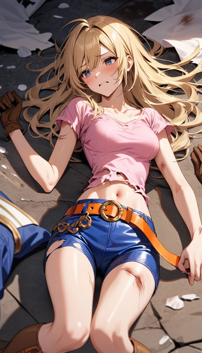 A straight blonde adult girl ,she wearing a pink  tight u-neck T-shirt, she is wearing blue leather shorts with an orange belt with a gold round buckle, she is wearing short brown gloves, she is wearing brown short boots, she expose her navel, He was knocked down, injured, battered and his clothes were torn and shattered and completely naked then he fainted