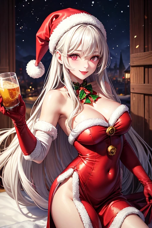 1 girl, Alone, Masterpiece, Best Quality, high resolution, Very detailed, (illustration), Beautiful detailed eyes, defHapi, Red eyes ,bright lips, make up, SMILE, long white elbow length gloves, cowboy shot, (Santa Claus), red Santa Claus dress, Santa Claus hat, Strapless dress