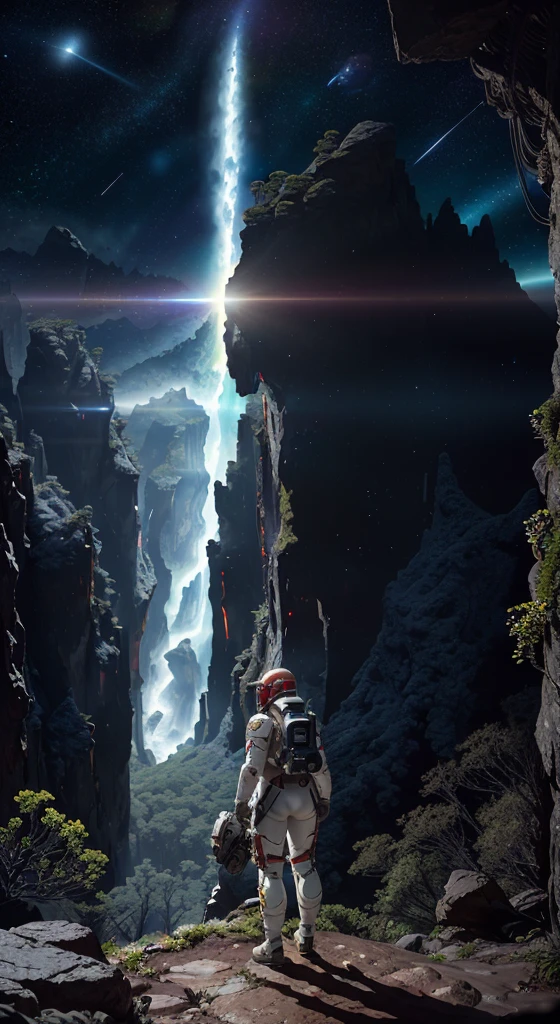 (35mmstyle:1.2), Highly detailed RAW color Photo, Rear Angle, Full Body, of (female space marine, wearing white and red space suit, futuristic helmet, tined face shield, rebreather, accentuated booty), outdoors, (standing on Precipice of tall rocky mountain, looking out at magical lush green rain forest on alien planet), vivid detail, (exotic alien planet), toned body, big butt, (sci-fi), (mountains:1.1), (lush green vegetation), (two moons in sky:0.8), (highly detailed, hyperdetailed, intricate), (lens flare:0.7), (bloom:0.7), particle effects, raytracing, cinematic lighting, shallow depth of field, photographed on a Sony a9 II, 35mm wide angle lens, sharp focus, cinematic film still from Gravity 2013, viewed from behind, dynamic angle