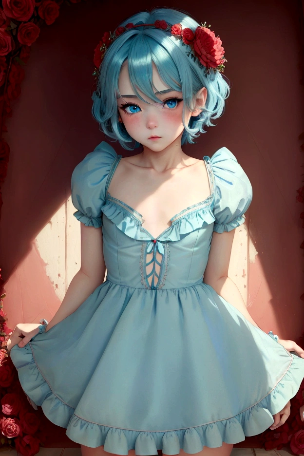 ((best quality)), ((masterpiece)), (detailed), femboy, blue aqua hair, blue eyes,short hair,( flat chest), thin body, big butt, cute face,blush on face, shy face, frilled dress, short dress, red color dress, sexy pose, hot pose, flower background