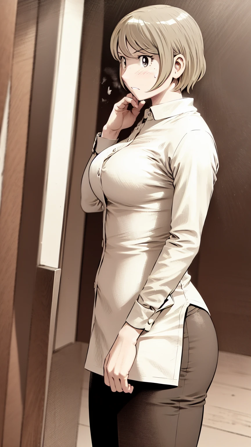 、(masterpiece、Highest quality)、Highest quality, Ultra-high resolution, (((masterpiece))), alone, Sweat、Big eyes,office、Tight white dress shirt、Tight black suit、Tight black pants、indoor、Composition from the front、(Cut the back hair short、short hair、blonde、woman)、Shortcuts、Embarrassed face、Cut your hair short、可愛いwomanの子、Big Breasts