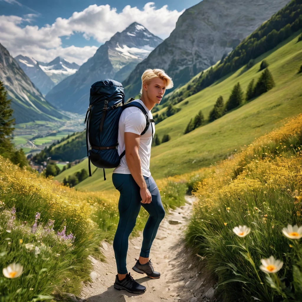 Behold a fashion editorial photo shoot featuring a photogenic and charming bleached blonde hair, 23 years old male supermodel, skinny and slender body, pretty cute young face, wearing fit legging pants and hiking backpack, (semi hard bulge), at hiking trail, outdoors, full of wild flower, the Switzerland mountain background, stand bending over the camera perspective, interesting dynamic view from below, amazing composition, HDR, volumetric lighting, ultra quality, elegant, highly detailed, masterpiece, best quality, high resolution, portrait, male focus, solo focus, The photograph is taken with a Canon EOS R camera using an 85mm f/1.8 lens at an f/2.2 aperture, utilizing natural light. Employing three-point lighting and incorporating 3D animation shadows enhances his features and adds depth to the composition. The careful layering and arrangement of his body parts and surrounding objects ensure a flawless composition. This masterpiece celebrates the beauty of the male form and invites viewers to immerse themselves in a world of sophistication and charm. The seductive lighting and intricate details, combined with a dramatic composition, invite viewers to revel in the essence of a fun-filled day, brimming with joy and relaxation. Attention is meticulously paid to the layers and arrangement of his body parts and surrounding objects, ensuring correct body structure and photo distance. The romantic atmosphere, paired with a lively and extremely gorgeous background, enhances the overall allure of this exquisite image.