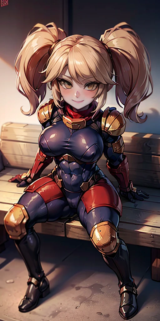 Lancer Artoria body (Alexis Texas Face), elegant adult female, blonde, green eyes (yellow eyelashes) crown, turtleneck, full body sitting on a bench, showing ass to me, RED breastplate, RED skin (1SologirlRED skin:1.2), looking at viewer, shiny, armor, thigh highs, high boots, pauldrons shoulder armor, faulds, poleyn, RED gloves gauntlets, rerebrace, RED military armored boots, yordle muscular lean platinum blonde long twin tails hairstyle at the bedroom lustful smirking smile face red blushed, blush, strong abs, female body builder, tiara, twin drills hair, (masterpiece, best quality, ultra detailed, best shadow)