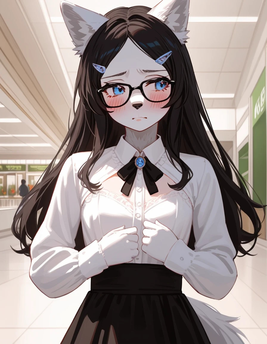 Solo, score_9,score_8_up,score_7_up, source_furry, (a young nerdy Anthro furry wolf girl, wolf snout, white furry body, white fur, detailed fur):1.4, tall, long black straight hair, elegant black hair, hair clip, white wolf tail, blue eyes, black glasses, white wolf ears, white wolf tail, small breasts, wearing elegant white blouse, short black skirt, fidgeting, embarrassed expression, blushing, looking away, outdoors at a mall, upper body shot,