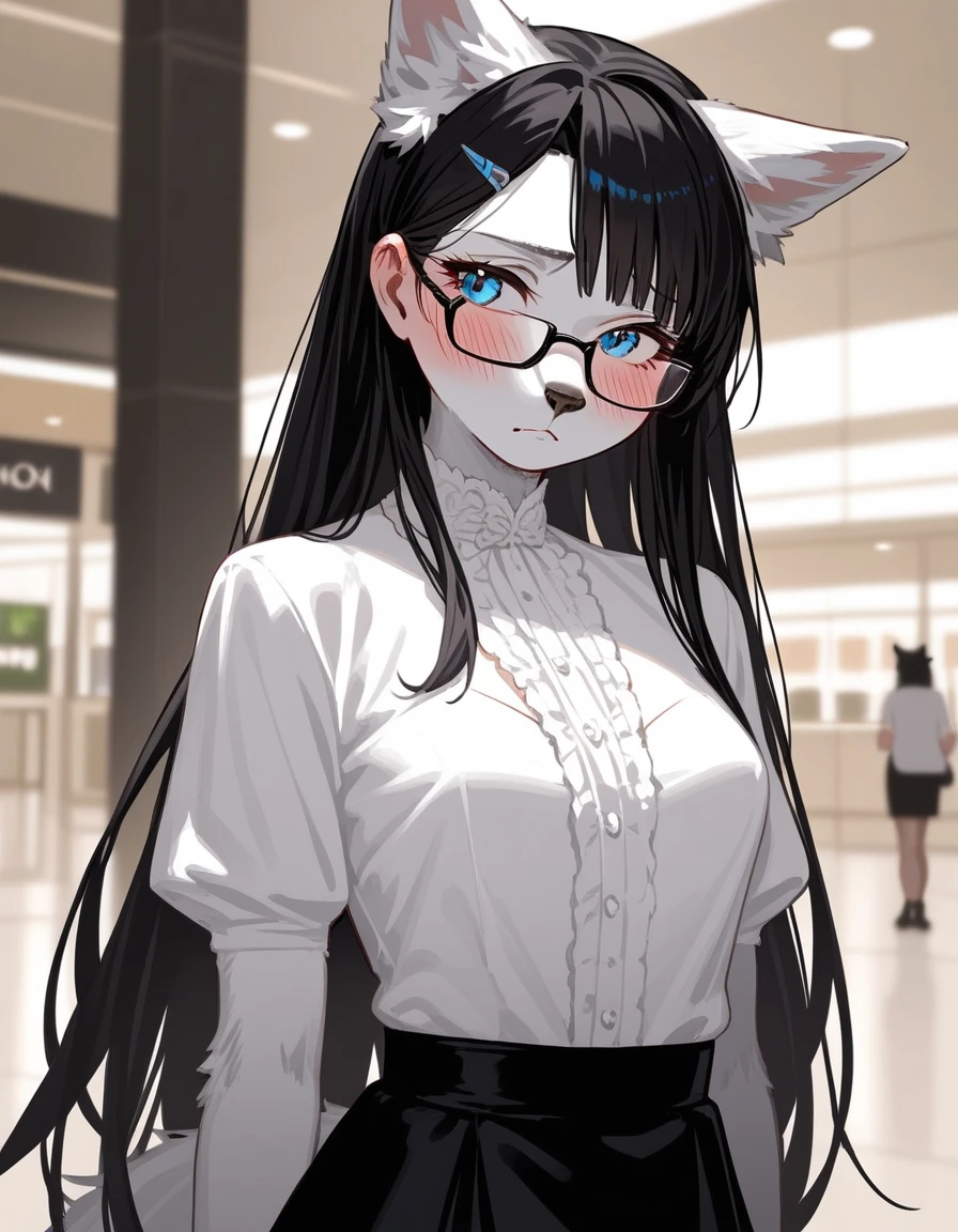 Solo, score_9,score_8_up,score_7_up, source_furry, (a young nerdy Anthro furry wolf girl, wolf snout, white furry body, white fur, detailed fur):1.4, tall, long black straight hair, elegant black hair, hair clip, white wolf tail, blue eyes, black glasses, white wolf ears, white wolf tail, small breasts, wearing elegant white blouse, short black skirt, fidgeting, embarrassed expression, blushing, looking away, outdoors at a mall, upper body shot,