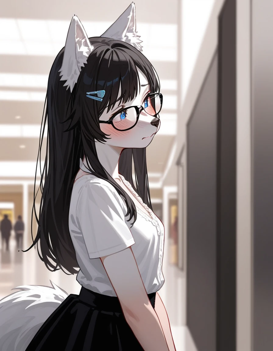Solo, score_9,score_8_up,score_7_up, source_furry, (a young nerdy Anthro furry wolf girl, wolf snout, white furry body, white fur, detailed fur):1.4, tall, long black straight hair, elegant black hair, hair clip, white wolf tail, blue eyes, black glasses, white wolf ears, white wolf tail, small breasts, wearing elegant white blouse, short black skirt, fidgeting, embarrassed expression, blushing, looking away, outdoors at a mall, upper body shot,