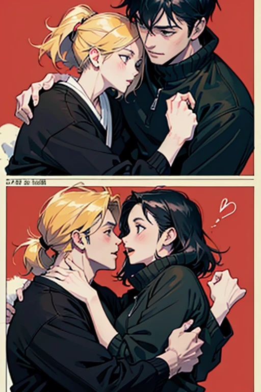 white background, character sheet, many angles, cute illustration, logo design, boy and girl, eat, sleep, walk, hold hands, date, kiss, love love, anger, joy, surprise, fatigue, expressionless, loving, masterpiece, high quality