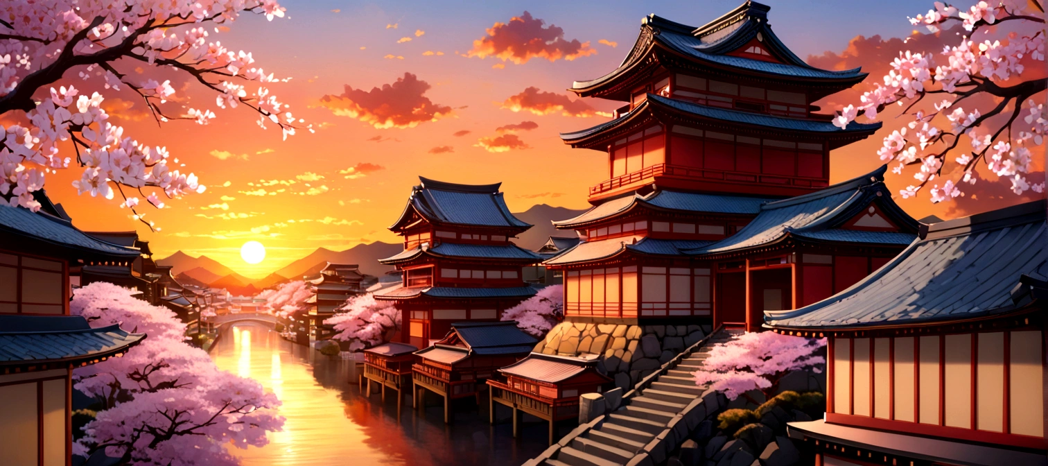 masterpiece, sunset, ancient japan city, sakura flower in front