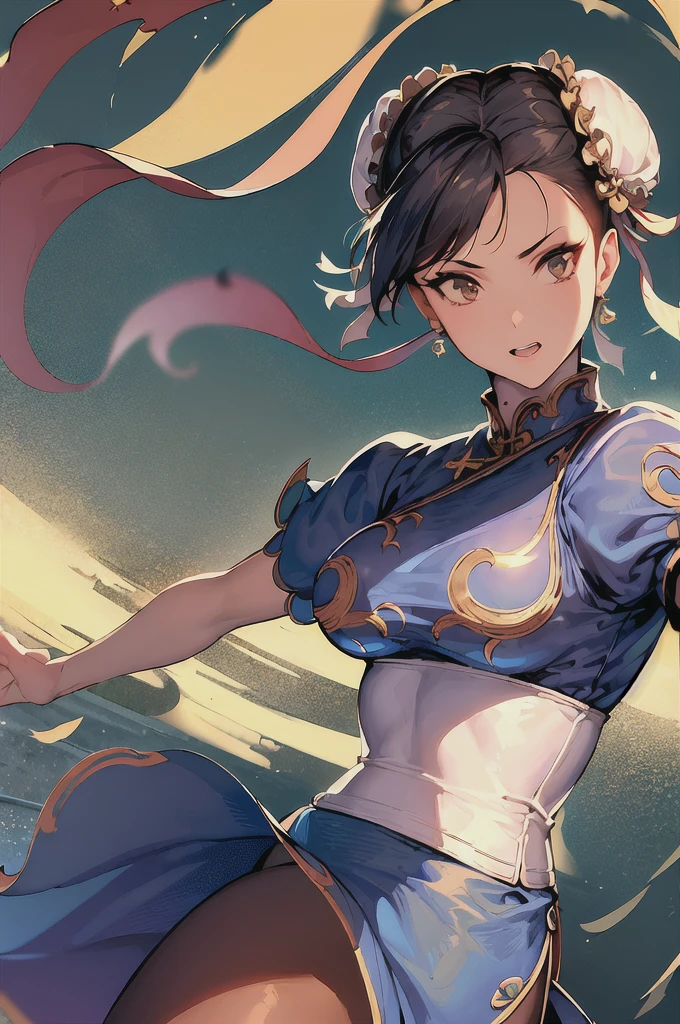 ((masterpiece,best qualtiy)),1girl,solo,ChunLi,upper body,beautiful night street background