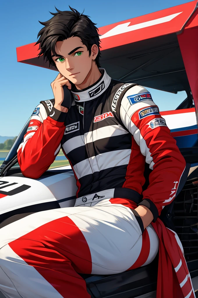 a handsome and sensual 18 year old male, athletic body, black hair, green eyes, wearing a racing driver's outfit.