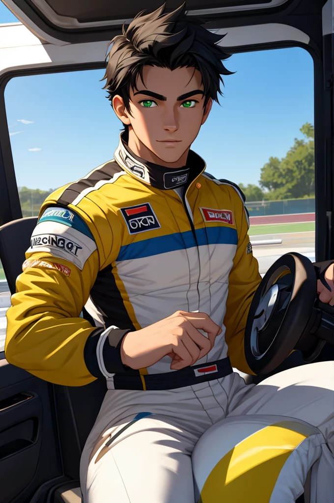 a handsome and sensual 18 year old male, athletic body, black hair, green eyes, wearing a racing driver's outfit.