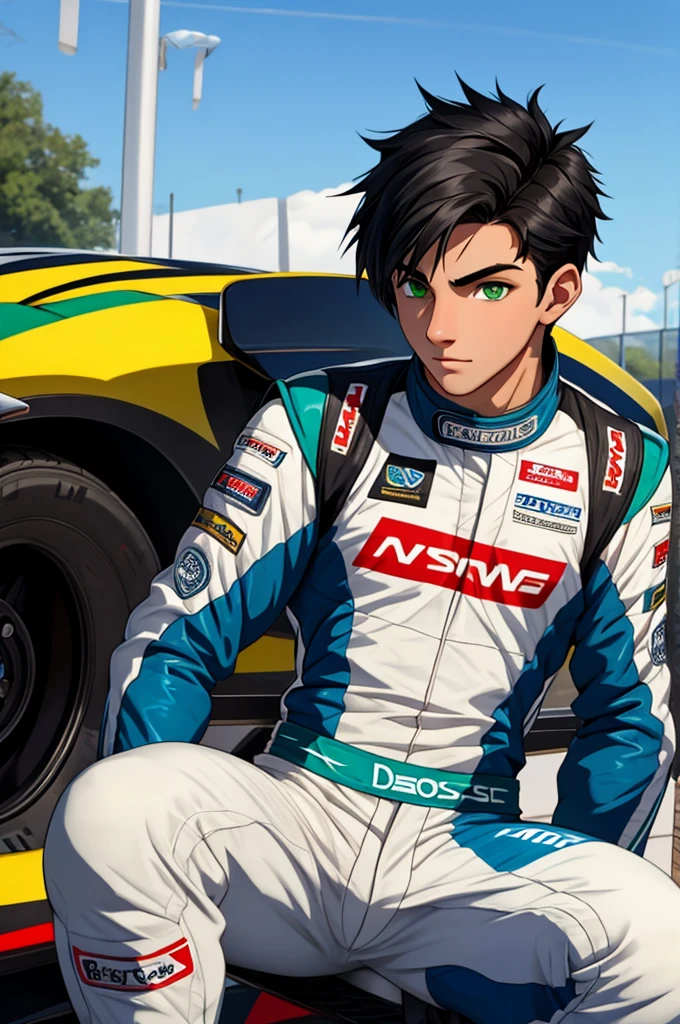 a handsome and sensual 18 year old male, athletic body, black hair, green eyes, wearing a racing driver's outfit.