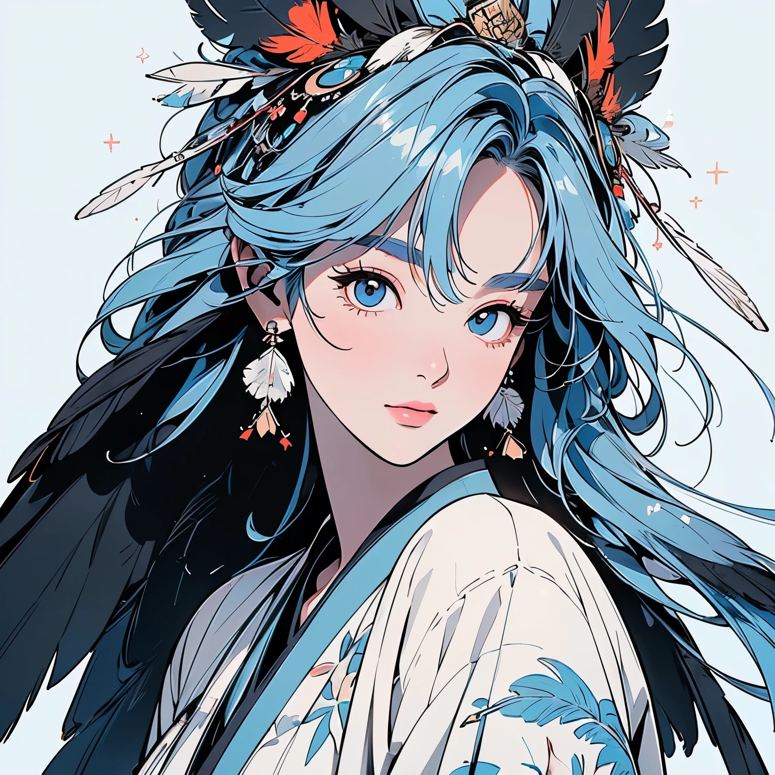 kimono, Perfect kimono, ultra detailed kimono, first-class, ultra detailed,(((ultra detailed ornament))),One Woman, Perfect Face, Faint lighting, (((head shot))), ultra detailed hair、(((Sparkling Eyes))),mysterious, The wind is blowing, Panorama, Long Shot, (((Beautiful Faces of Asia))),(((detailed Indian feather headdress))),Upper Body,(((TOP quality face)))、(((Large feather ornament))),(((A lot of Black crow feather)))、(((white only background)))、(((pale blue hair))),Top quality feathers、ultra detailed feathers、Various Angle、Various Hairstyle