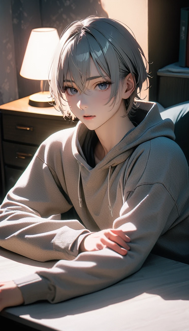 (8K, RAW photos, best quality, masterpiece: 1.4), (((Boy turns on the desk lamp))),Ultra-high resolution, Extremely detailed, light, closeup of arms, handsome boy, black eyes, (delicate eyes, Eyes are bright:1.2), Gray short hair, Fair skin,dark, Grey sweatshirt, sweatshirt with hood,(perfect anatomy:1.2), High-quality shadows, Natural Lighting, (White highlights:1.2), night, cloudy day, (at home:1.2), (Touch lamp switch:1.2)