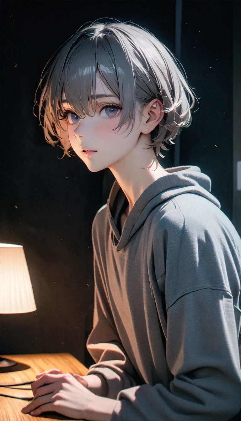 (8K, RAW photos, best quality, masterpiece: 1.4), (((Boy turns on the desk lamp))),Ultra-high resolution, Extremely detailed, light, closeup of arms, handsome boy, black eyes, (delicate eyes, Eyes are bright:1.2), Gray short hair, Fair skin,dark, Grey sweatshirt, sweatshirt with hood,(perfect anatomy:1.2), High-quality shadows, Natural Lighting, (White highlights:1.2), night, cloudy day, (at home:1.2), (Touch lamp switch:1.2)