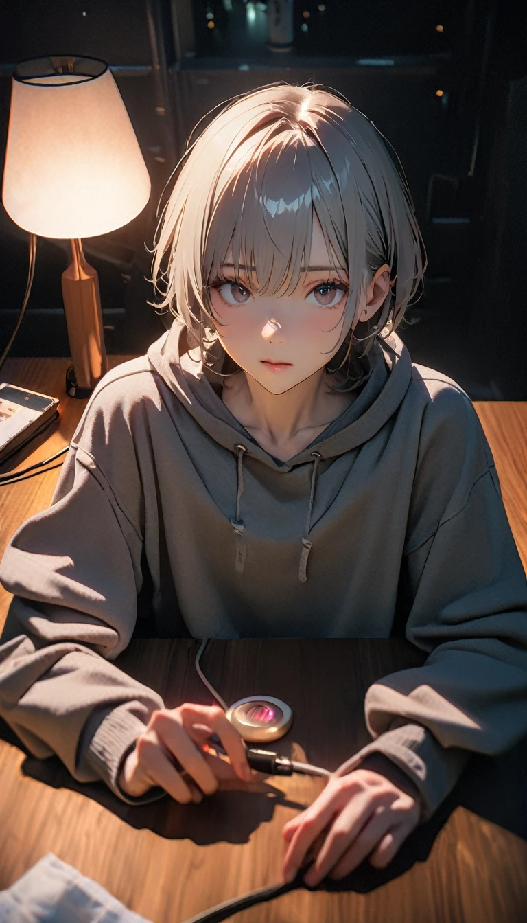 (8K, RAW photos, best quality, masterpiece: 1.4), (((Boy turns on the desk lamp)))，Ultra-high resolution, Extremely detailed, light, closeup of arms, handsome boy, black eyes, (delicate eyes, Eyes are bright:1.2), Gray short hair, Fair skin,dark, Grey sweatshirt, sweatshirt with hood,(perfect anatomy:1.2), High-quality shadows, Natural Lighting, (White highlights:1.2), night, cloudy day, (at home:1.2), (Touch lamp switch:1.2)