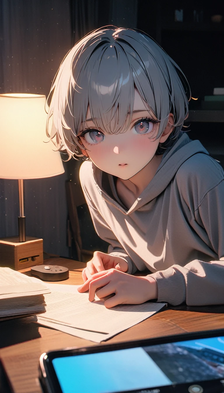 (8K, RAW photos, best quality, masterpiece: 1.4), (((Boy turns on the desk lamp)))，Ultra-high resolution, Extremely detailed, light, closeup of arms, handsome boy, black eyes, (delicate eyes, Eyes are bright:1.2), Gray short hair, Fair skin,dark, Grey sweatshirt, sweatshirt with hood,(perfect anatomy:1.2), High-quality shadows, Natural Lighting, (White highlights:1.2), night, cloudy day, (at home:1.2), (Touch lamp switch:1.2)