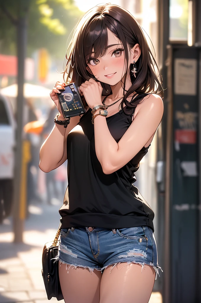 (masterpiece, best quality, ultra-detailed, highres, 4k),(beautiful detailed eyes),(very detailed face),(1girl),HDR,long hair, shorts, phone, brown eyes, brown hair, cellphone, bracelet, tank top, jewelry, watch, lips, solo focus, nail polish, blurry background, smile, wristwatch, realistic, blurry, looking at viewer