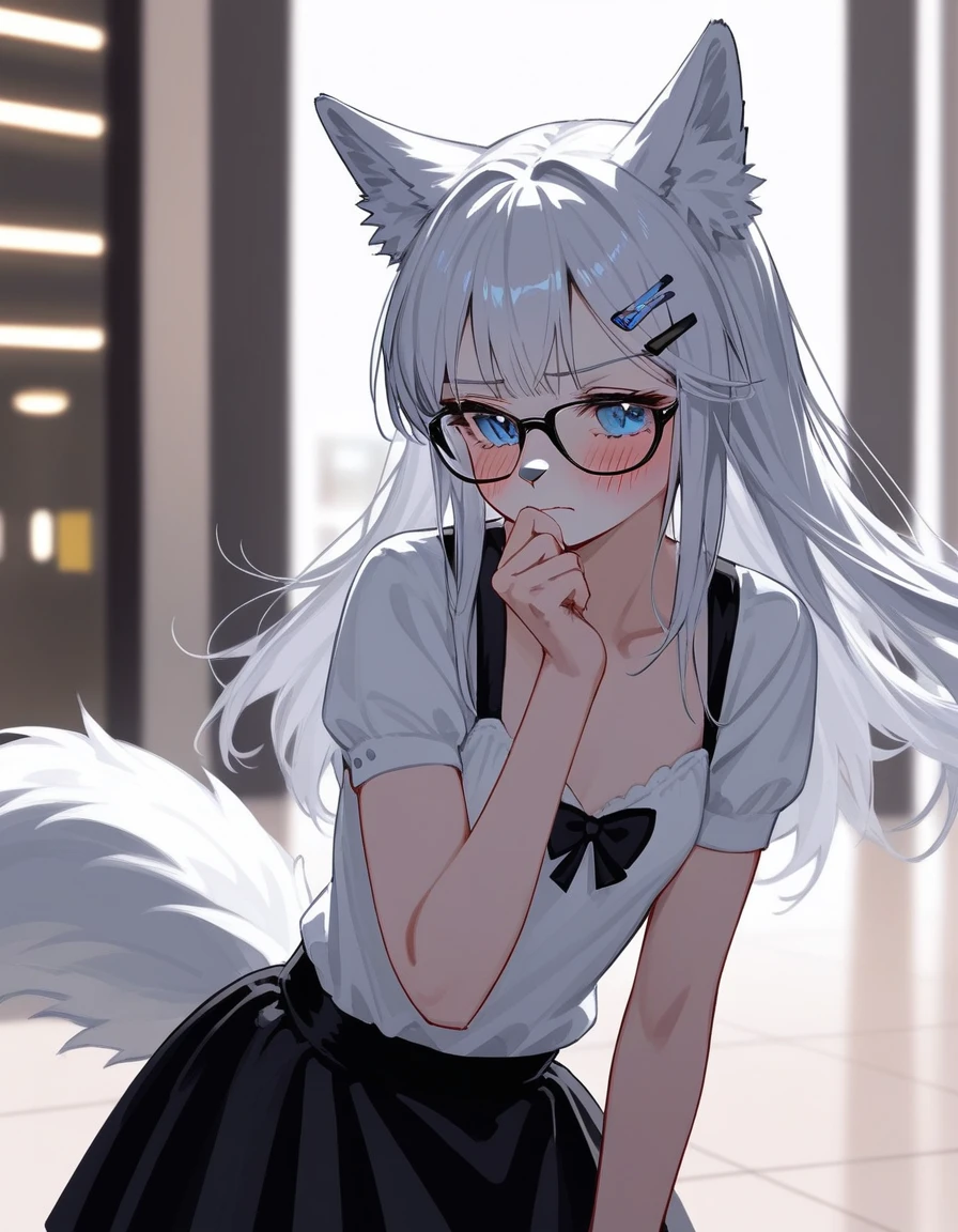 by wolfy-nail, (best quality, masterpiece:1), solo, anthro, furry, female, ((Snow Leopard)), blue eyes, white hair, long hair, ponytail, portrait, fingers, finger claws, looking at viewer, snow leopard tail, ((large tuft of hair on the chest)), ((blue shirt)), ((denim jeans)), ((small breasts)), ((panting)), ((visible breath)), ((nerd)), glasses, ((cum on glasses)), ((cum in mouth)), ((braces)), (shy), ((1woman)), ((1man)), ((sitting on knees))