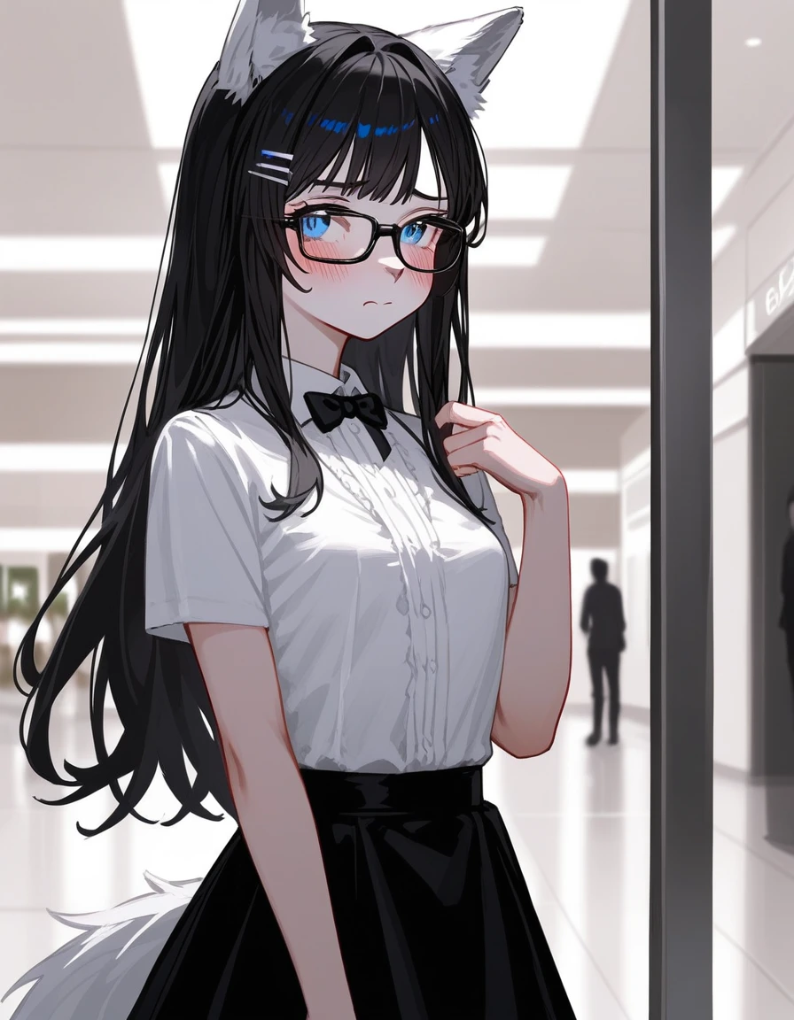 Solo, score_9,score_8_up,score_7_up, source_furry, a young nerdy Anthro furry wolf girl, wolf snout, white furry body, white fur, detailed fur, tall, long black straight hair, elegant black hair, hair clip, white wolf tail, blue eyes, black glasses, white wolf ears, white wolf tail, small breasts, wearing elegant white short sleeve blouse, short black skirt, fidgeting, embarrassed expression, pouting, blushing, looking away, outdoors at a mall, upper body shot,