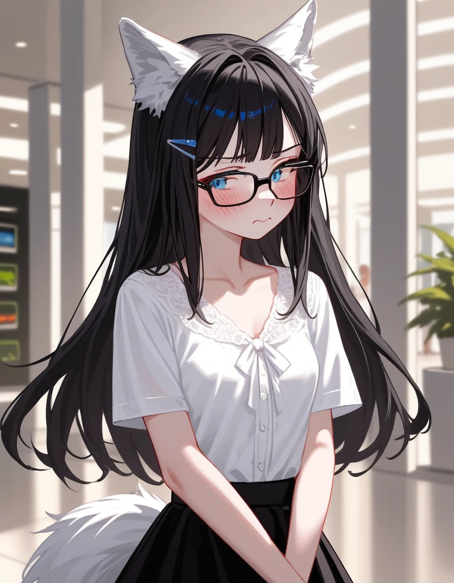 Solo, score_9,score_8_up,score_7_up, source_furry, a young nerdy Anthro furry wolf girl, wolf snout, white furry body, white fur, detailed fur, tall, long black straight hair, elegant black hair, hair clip, white wolf tail, blue eyes, black glasses, white wolf ears, white wolf tail, small breasts, wearing elegant white short sleeve blouse, short black skirt, fidgeting, embarrassed expression, pouting, blushing, looking away, outdoors at a mall, upper body shot,