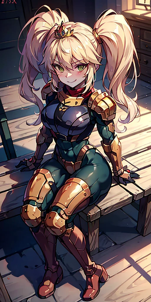 Lancer Artoria body (Alexis Texas Face), elegant adult female, blonde, green eyes (yellow eyelashes) crown, turtleneck, full body sitting on a bench, showing  to me, RED breastplate, RED skin (1SologirlRED skin:1.2), looking at viewer, shiny, armor, thigh highs, high boots, pauldrons shoulder armor, faulds, poleyn, RED gloves gauntlets, rerebrace, RED military armored boots, yordle muscular lean platinum blonde long twin tails hairstyle at the bedroom  smirking smile face red blushed, blush, strong abs, female body builder, tiara, twin drills hair, (masterpiece, best quality, ultra detailed, best shadow)