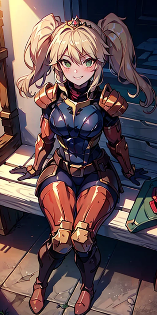 Lancer Artoria body (Alexis Texas Face), elegant adult female, blonde, green eyes (yellow eyelashes) crown, turtleneck, full body sitting on a bench, showing ass to me, RED breastplate, RED skin (1SologirlRED skin:1.2), looking at viewer, shiny, armor, thigh highs, high boots, pauldrons shoulder armor, faulds, poleyn, RED gloves gauntlets, rerebrace, RED military armored boots, yordle muscular lean platinum blonde long twin tails hairstyle at the bedroom lustful smirking smile face red blushed, blush, strong abs, female body builder, tiara, twin drills hair, (masterpiece, best quality, ultra detailed, best shadow)