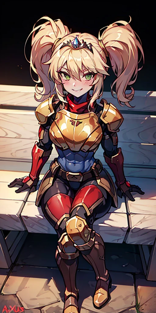 Lancer Artoria body (Alexis Texas Face), elegant adult female, blonde, green eyes (yellow eyelashes) crown, turtleneck, full body sitting on a bench, showing ass to me, RED breastplate, RED skin (1SologirlRED skin:1.2), looking at viewer, shiny, armor, thigh highs, high boots, pauldrons shoulder armor, faulds, poleyn, RED gloves gauntlets, rerebrace, RED military armored boots, yordle muscular lean platinum blonde long twin tails hairstyle at the bedroom lustful smirking smile face red blushed, blush, strong abs, female body builder, tiara, twin drills hair, (masterpiece, best quality, ultra detailed, best shadow)