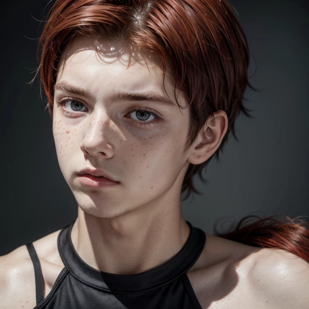 eyes black, red hair, male ager, serious expression, arte renacentista, slight healed cuts on the body, freckles on the face.