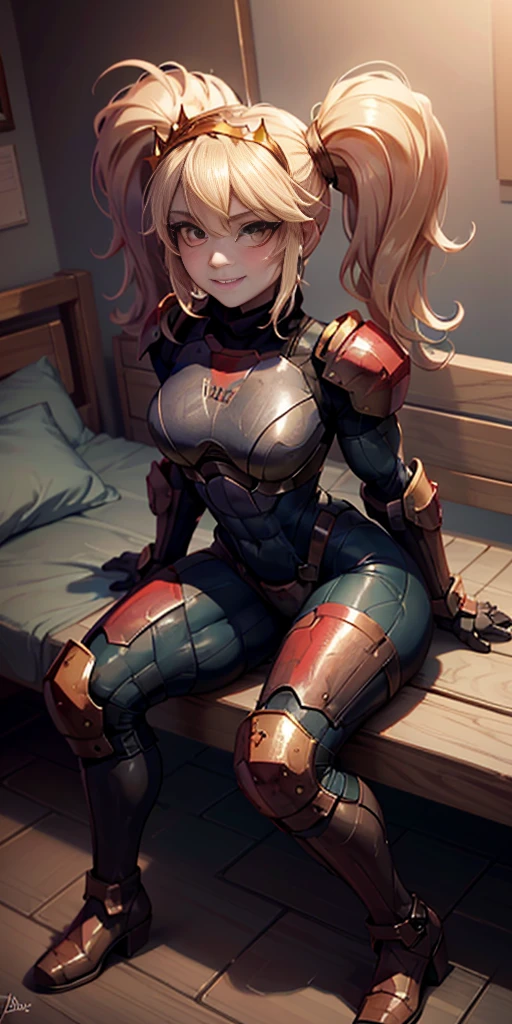 Lancer Artoria body (Alexis Texas Face), elegant adult female, blonde, green eyes (yellow eyelashes) crown, turtleneck, full body sitting on a bench, showing ass to me, RED breastplate, RED skin (1SologirlRED skin:1.2), looking at viewer, shiny, armor, thigh highs, high boots, pauldrons shoulder armor, faulds, poleyn, RED gloves gauntlets, rerebrace, RED military armored boots, yordle muscular lean platinum blonde long twin tails hairstyle at the bedroom lustful smirking smile face red blushed, blush, strong abs, female body builder, tiara, twin drills hair, (masterpiece, best quality, ultra detailed, best shadow)