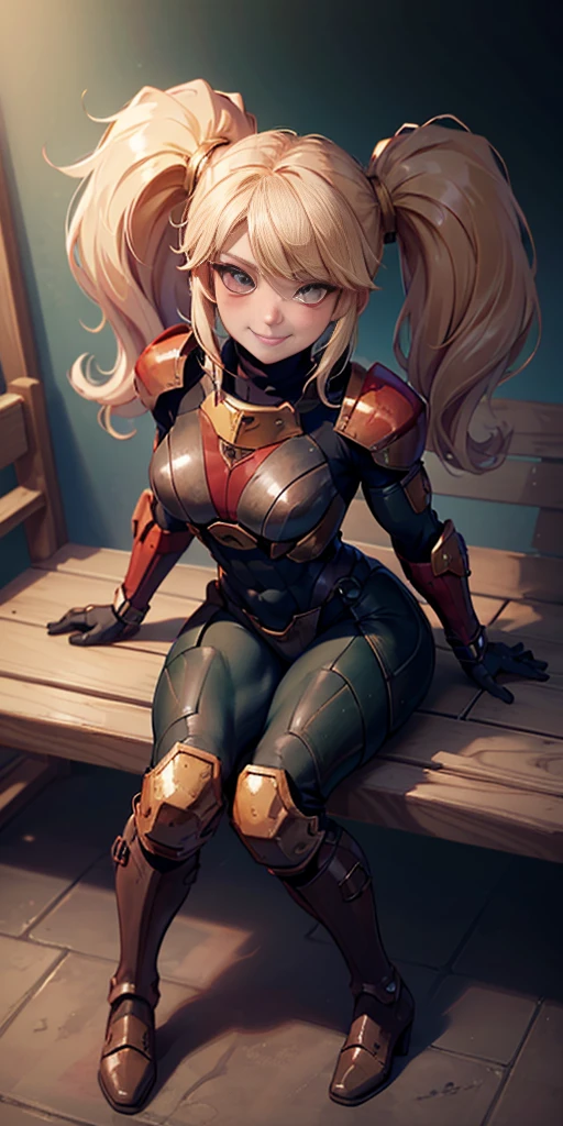 Lancer Artoria body (Alexis Texas Face), elegant adult female, blonde, green eyes (yellow eyelashes) crown, turtleneck, full body sitting on a bench, showing ass to me, RED breastplate, RED skin (1SologirlRED skin:1.2), looking at viewer, shiny, armor, thigh highs, high boots, pauldrons shoulder armor, faulds, poleyn, RED gloves gauntlets, rerebrace, RED military armored boots, yordle muscular lean platinum blonde long twin tails hairstyle at the bedroom lustful smirking smile face red blushed, blush, strong abs, female body builder, tiara, twin drills hair, (masterpiece, best quality, ultra detailed, best shadow)