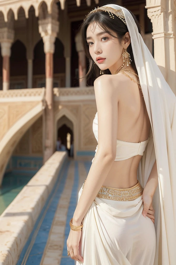 (((best quality))),(((ultra detailed))),(((masterpiece))),illustration,1girl, solo,princess, Arabic,slim,thin, ((palace, desert)), gold, gemstones,headscarf, veil on face,white sheer traditional clothing, hairband, deep eyes, elegant face, subtle smile,earrings,necklace, sunlight, shining, serene, environment,day scene,out door,standing,((upper body,from back)),((bare back,towering hips,butt crack))