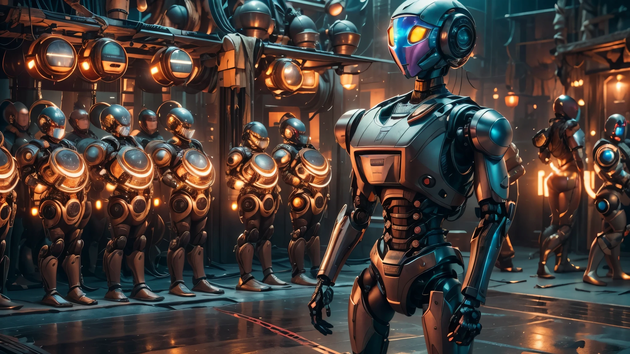 there are two robots that are standing next to each other, machines and futurist robots, death and robots, robot cyborgs, dieselpunk cyborgs, cyber steampunk 8 k 3 d, humanoid robots, still from alita, movie still of aztec cyborg, futuristic robots, from a 2 0 1 9 sci fi 8 k movie