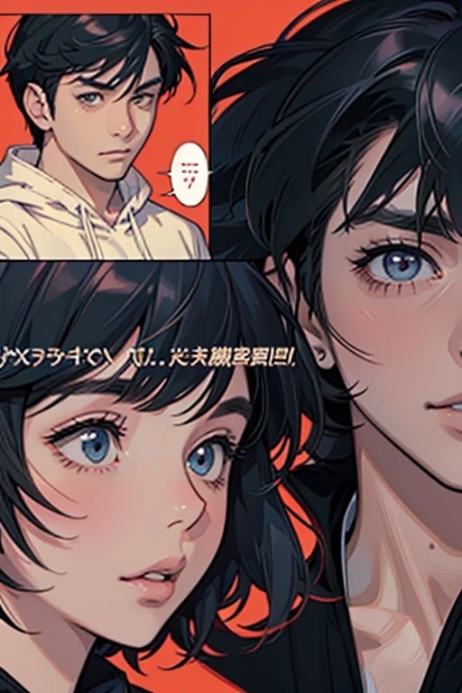 Comic Storyboard:1.8, comic strip, Comic Layout, My favorite manga storyboard, story of a loving couple, anime emoji theme pack, Hyper Hi-Vision, Japanese anime manga style, red background dark sky, 24K UHD.