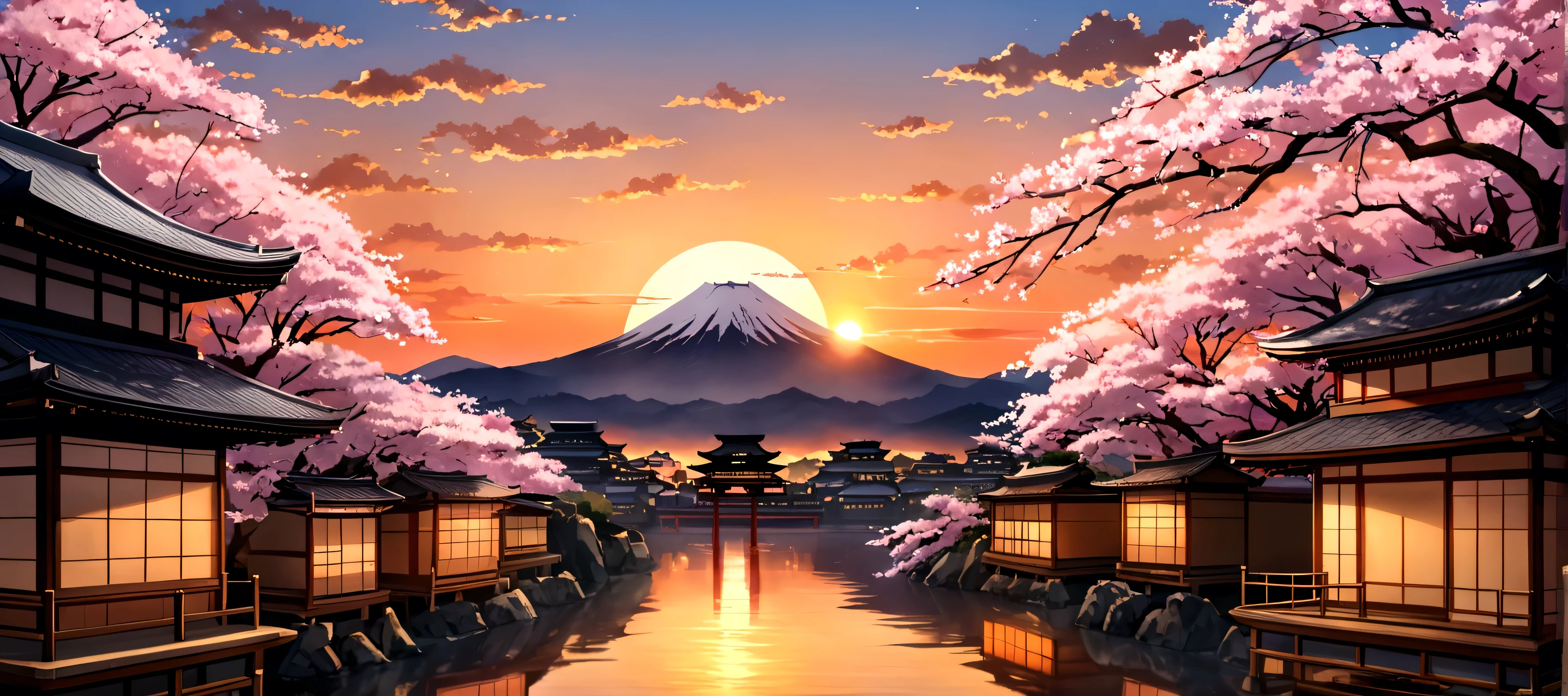 masterpiece, sunset, ancient japan city, sakura flower in front