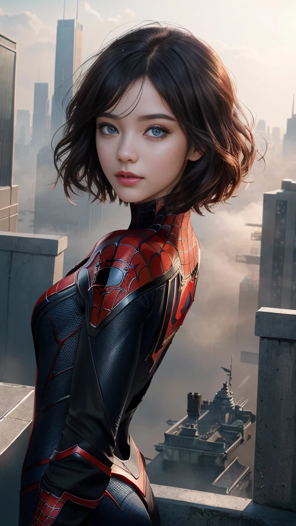 (1girl:1.3), Solo, (((Very detailed face)))), ((Very detailed eyes and face)))), Beautiful detail eyes, Body parts__, Official art, Unified 8k wallpaper, Super detailed, beautiful and beautiful, beautiful, masterpiece, best quality, original, masterpiece, super fine photo, best quality, super high resolution, realistic realism, sunlight, full body portrait, amazing beauty, dynamic pose, delicate face, vibrant eyes, (from the front), She wears Spider-Man suit, red and black color scheme, spider, very detailed city roof background, rooftop, overlooking the city, detailed face, detailed complex busy background, messy, gorgeous, milky white, highly detailed skin, realistic skin details, visible pores, clear focus, volumetric fog, 8k uhd, DSLR, high quality, film grain, fair skin, photo realism, lomography, futuristic dystopian megalopolis, translucent, eyes looking at the camera, big , short hair