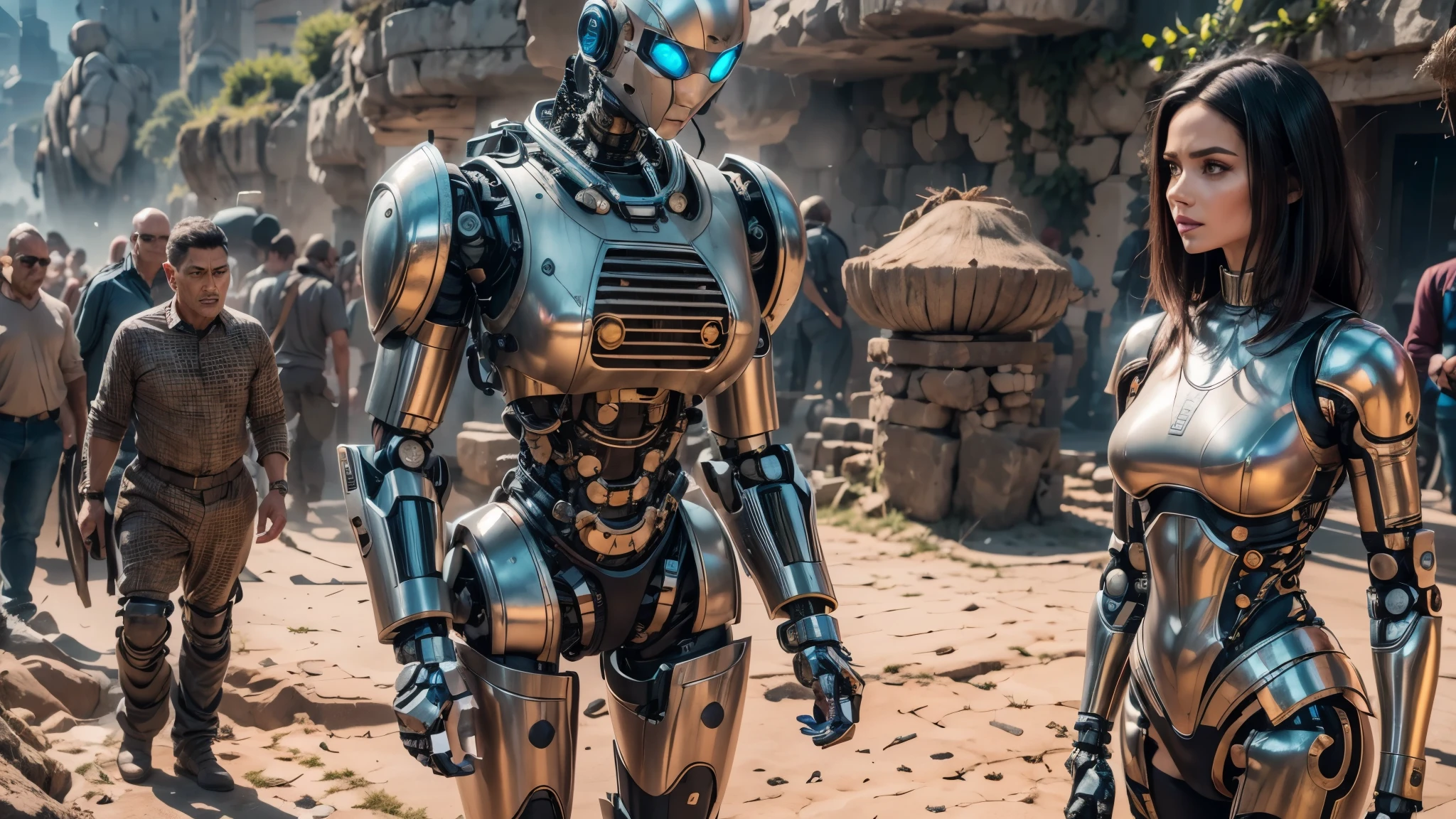 there are two robots that are standing next to each other, machines and futurist robots, death and robots, robot cyborgs, dieselpunk cyborgs, cyber steampunk 8 k 3 d, humanoid robots, still from alita, movie still of aztec cyborg, futuristic robots, from a 2 0 1 9 sci fi 8 k movie