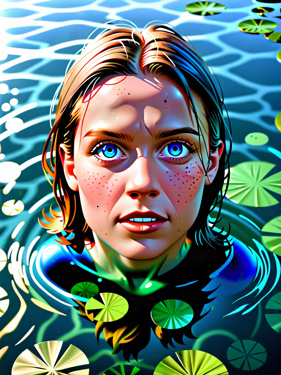 score_9, score_8_up, score_7_up, Mysterious female eyes in a lake, (only her eyes are above water-level, water reflection), goddess, alluring, by Minjae Lee, Carne Griffiths, Emily Kell, Steve McCurry, Geoffroy Thoorens, Aaron Horkey, Jordan Grimmer, Greg Rutkowski, amazing depth, double exposure, surreal, geometric patterns, intricately detailed, bokeh, perfect balanced, deep fine borders, artistic photorealism , smooth, great masterwork by head of prompt engineering