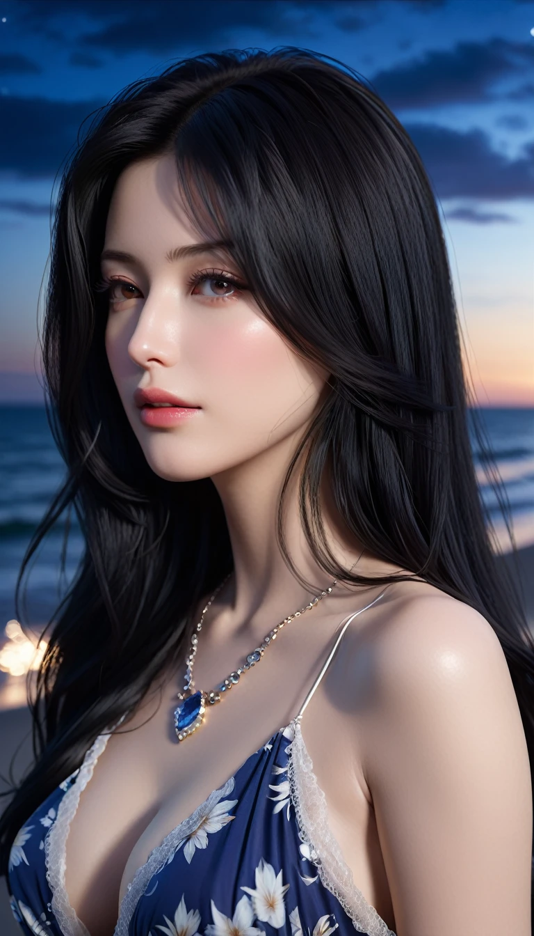 ((Masterpieces with up to 16K resolution:1.6)),Highest quality,it is really amazing,Very detailed,Ultra-high resolution,(Real:1.5),(Realistic:1.5),Increased depth of field,Cinematic Light,
Elegant mature woman,
Long black hair,(Exquisitely detailed face:1.5),Face with a gentle expression,Translucent white skin,Very sensitive skin,Great proportions,Anatomically correct body,
Elegant high leg swimsuit,Artistic design,Beautiful and detailed pattern,Detailed fabric texture,Gorgeous necklace,
Coastal landscape at dusk,Dark clouds and dark sky,delay々Continuing sandy beach, Deserted Beach,Dark sea surface,
(Low angle shot:1.5),