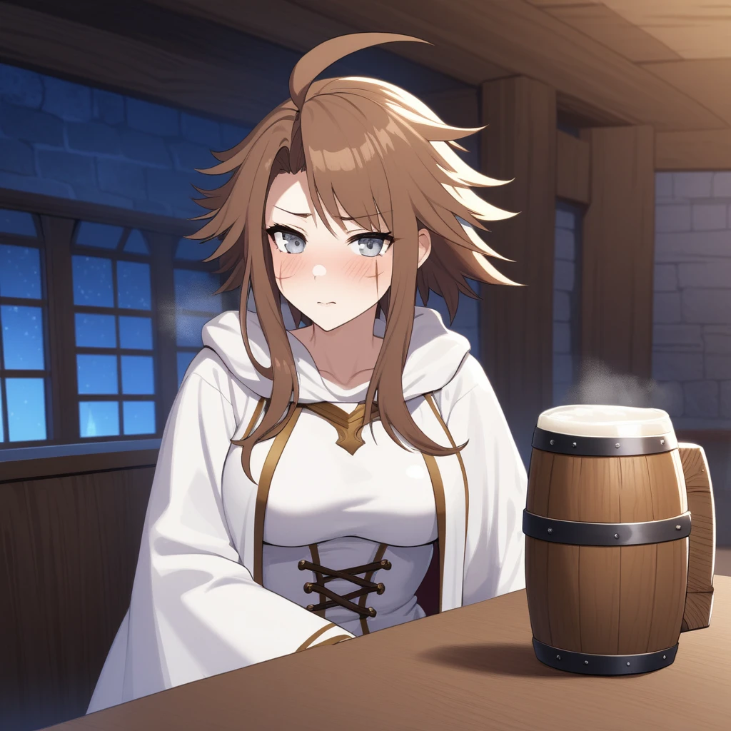 Adult Female, very short brown hair, grey eyes, scar on left cheek, drunk, white on white cleric robes, fantasy tavern, nighttime, mixed patrons, drinking from tankard, not looking, far away, apathetic, highly detailed, high quality, perfect anatomy, tired, messy hair